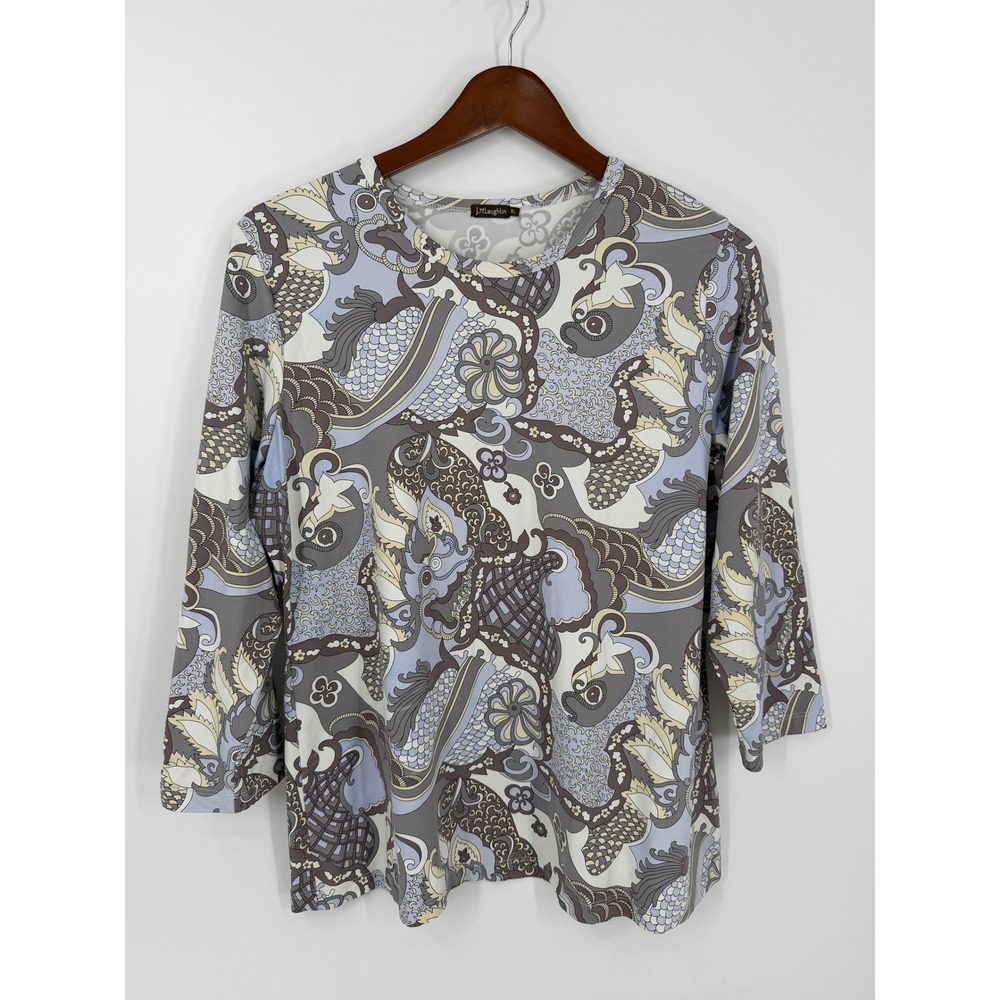 J. McLaughlin Womens XL 3/4 Sleeve Top Grey Blue Abstract Paisley Floral Knit